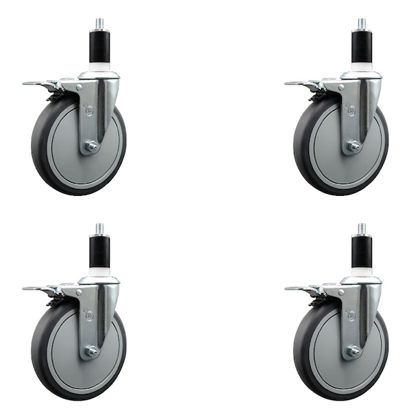 6'' Thermoplastic Rubber Swivel 1-3/4'' Expanding Stem Caster Set Total Lock Brake, 4PK